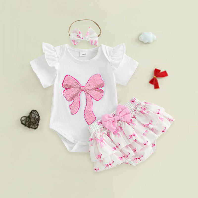 Cute Bow-Knot Romper Set For Baby Girls