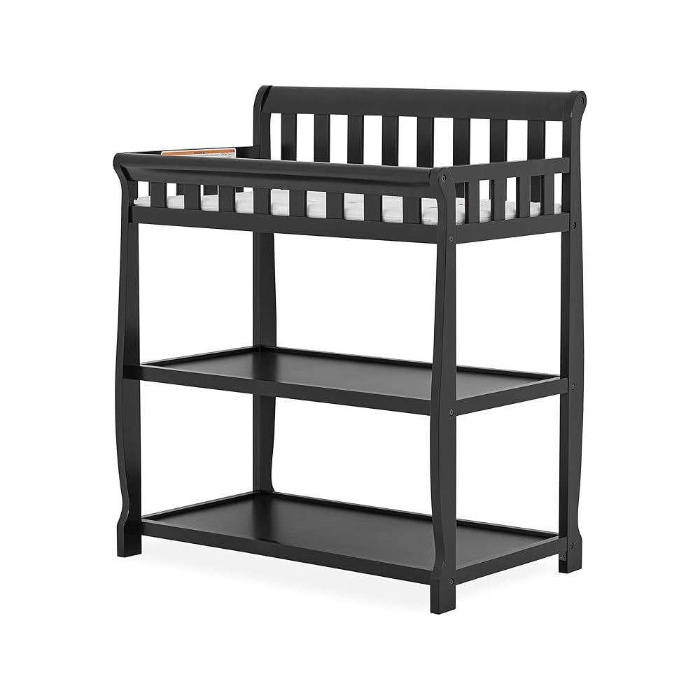 Modern Black Wooden Baby Changing Table Safety Rail Mattress Pad