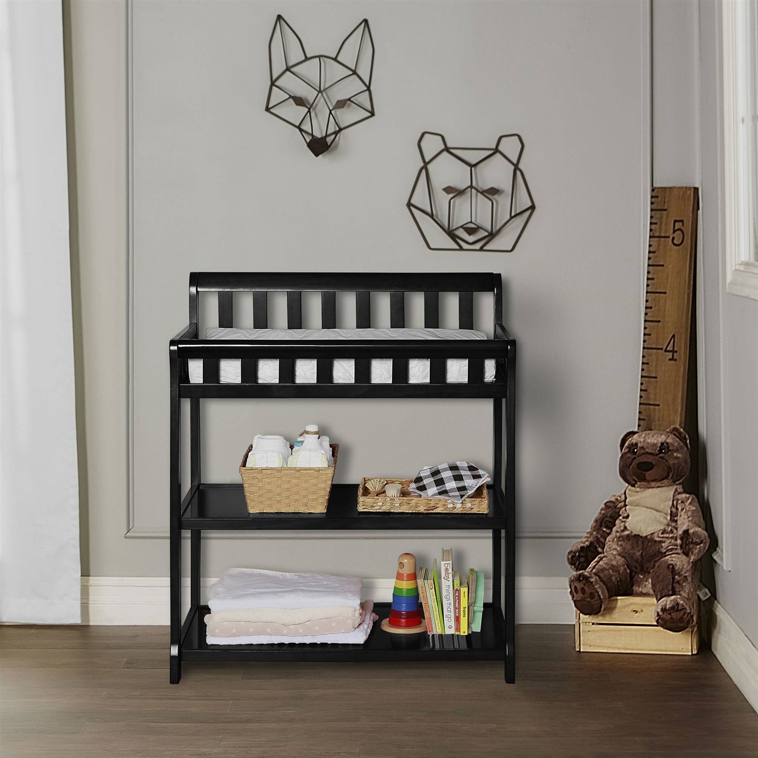 Modern Black Wooden Baby Changing Table Safety Rail Mattress Pad