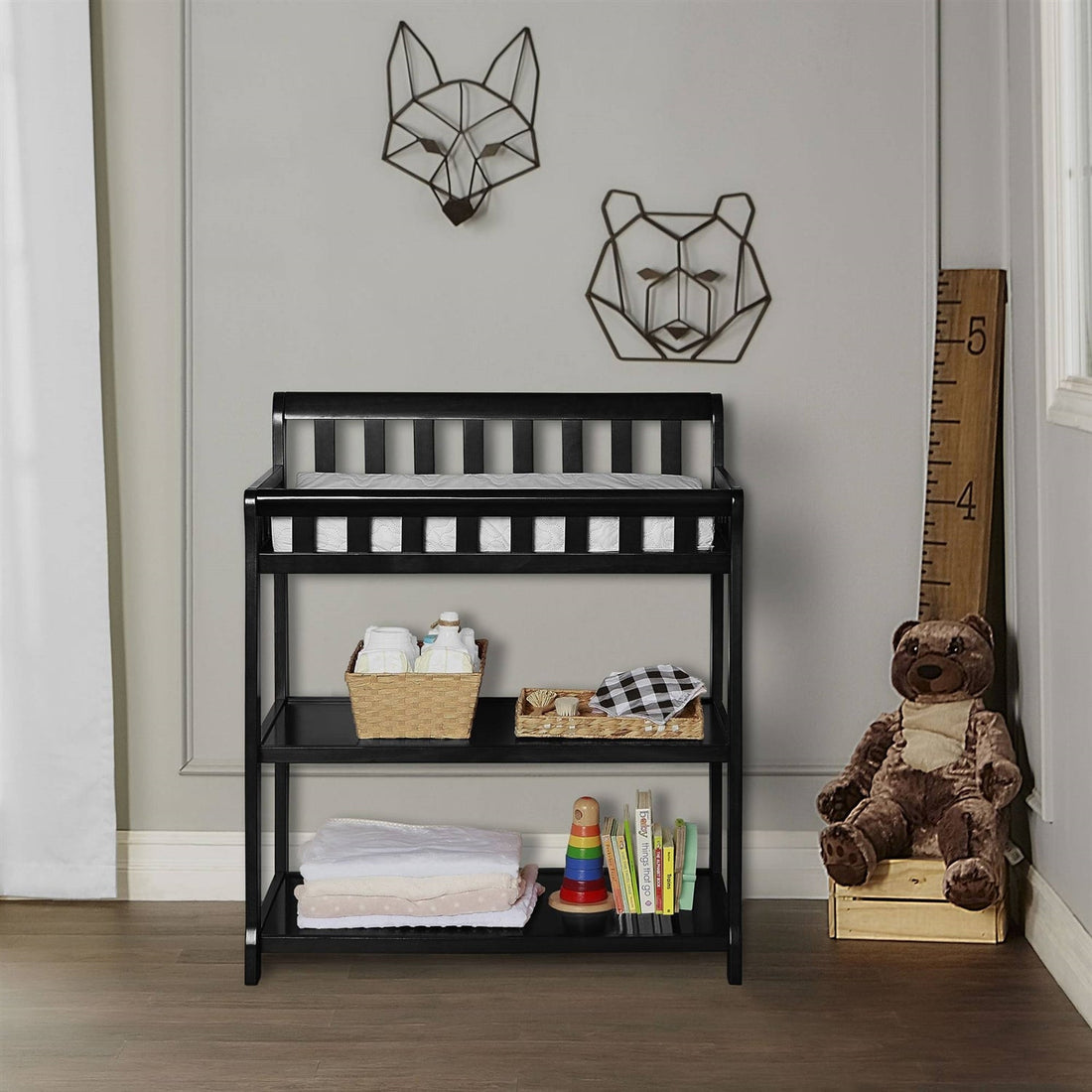 Modern Black Wooden Baby Changing Table Safety Rail Mattress Pad