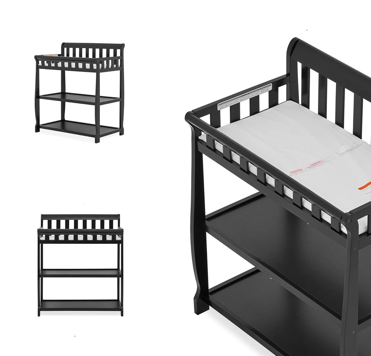 Modern Black Wooden Baby Changing Table Safety Rail Mattress Pad