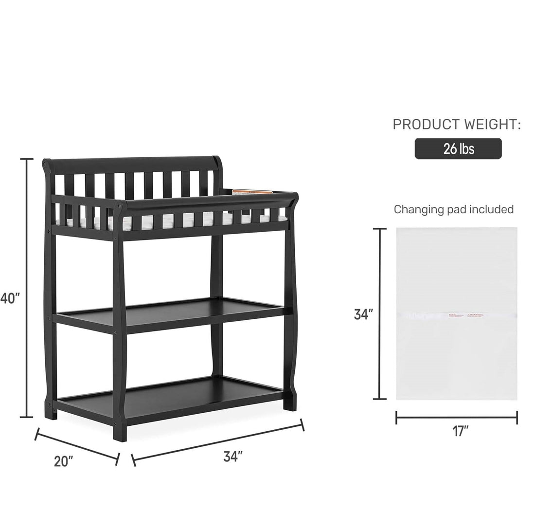 Modern Black Wooden Baby Changing Table Safety Rail Mattress Pad