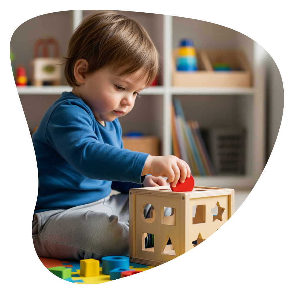 Child playing with a wooden shape sorter toy in a room with shelves and books.

