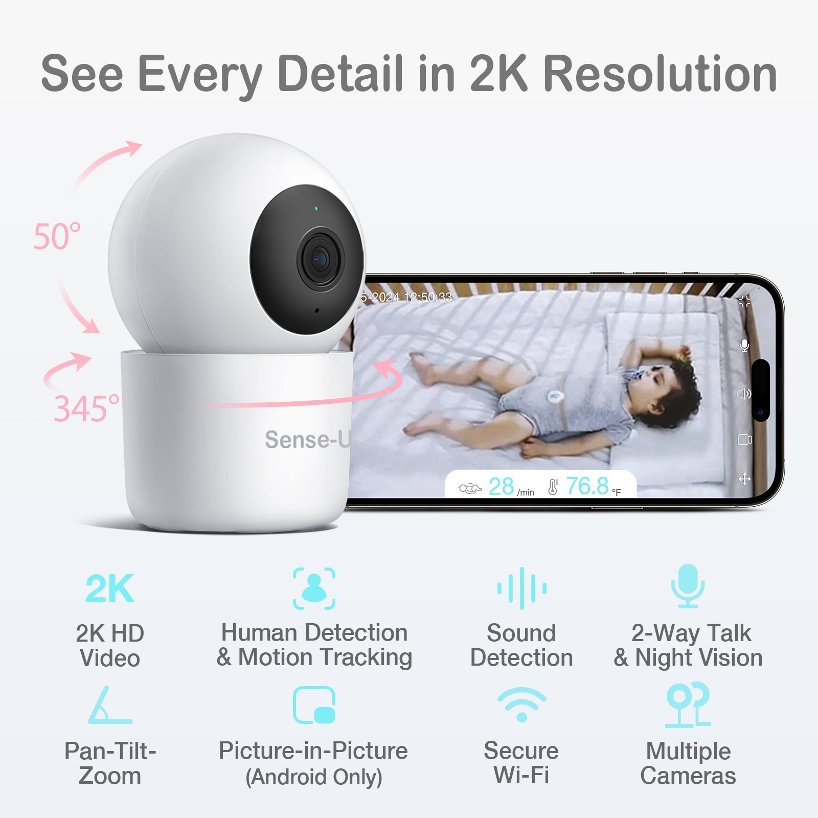 AI 2K PTZ Security Camera Smart Pan Tilt Zoom Indoor