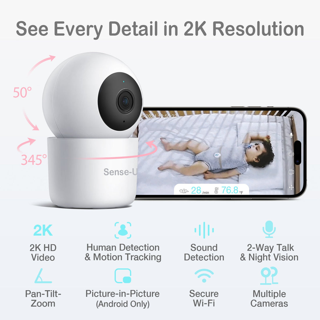 AI 2K PTZ Security Camera Smart Pan Tilt Zoom Indoor