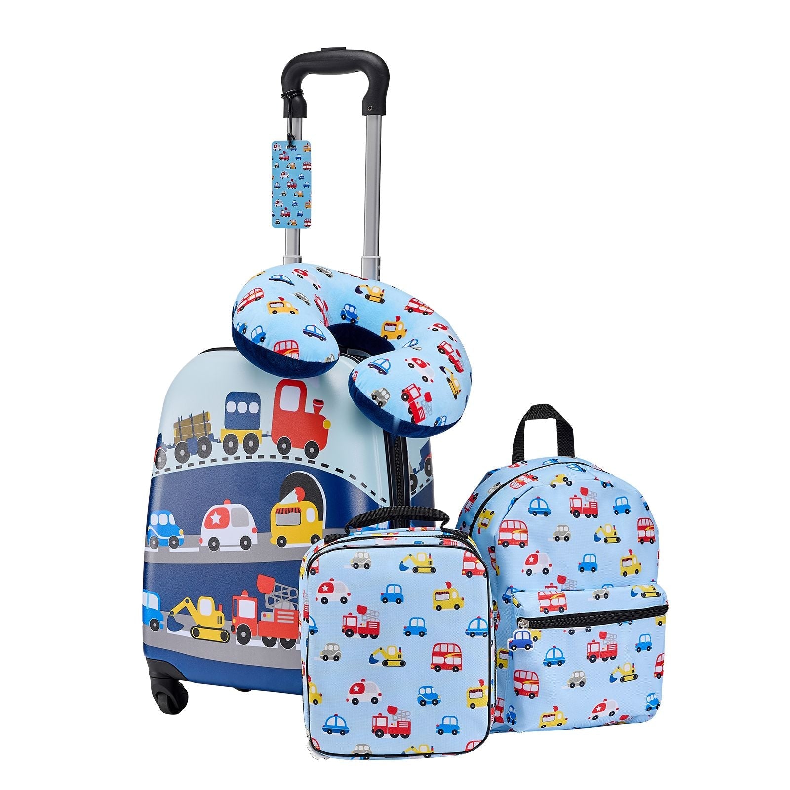 Kids Luggage Set, 5 Piece, 18 Inch Hardside Rolling Wheels Suitcase with Backpack & U-shape Pillow, Truck Kids Carry on Luggage Set, Holiday Birthday Gift for Girls Boys, Airline Approved
