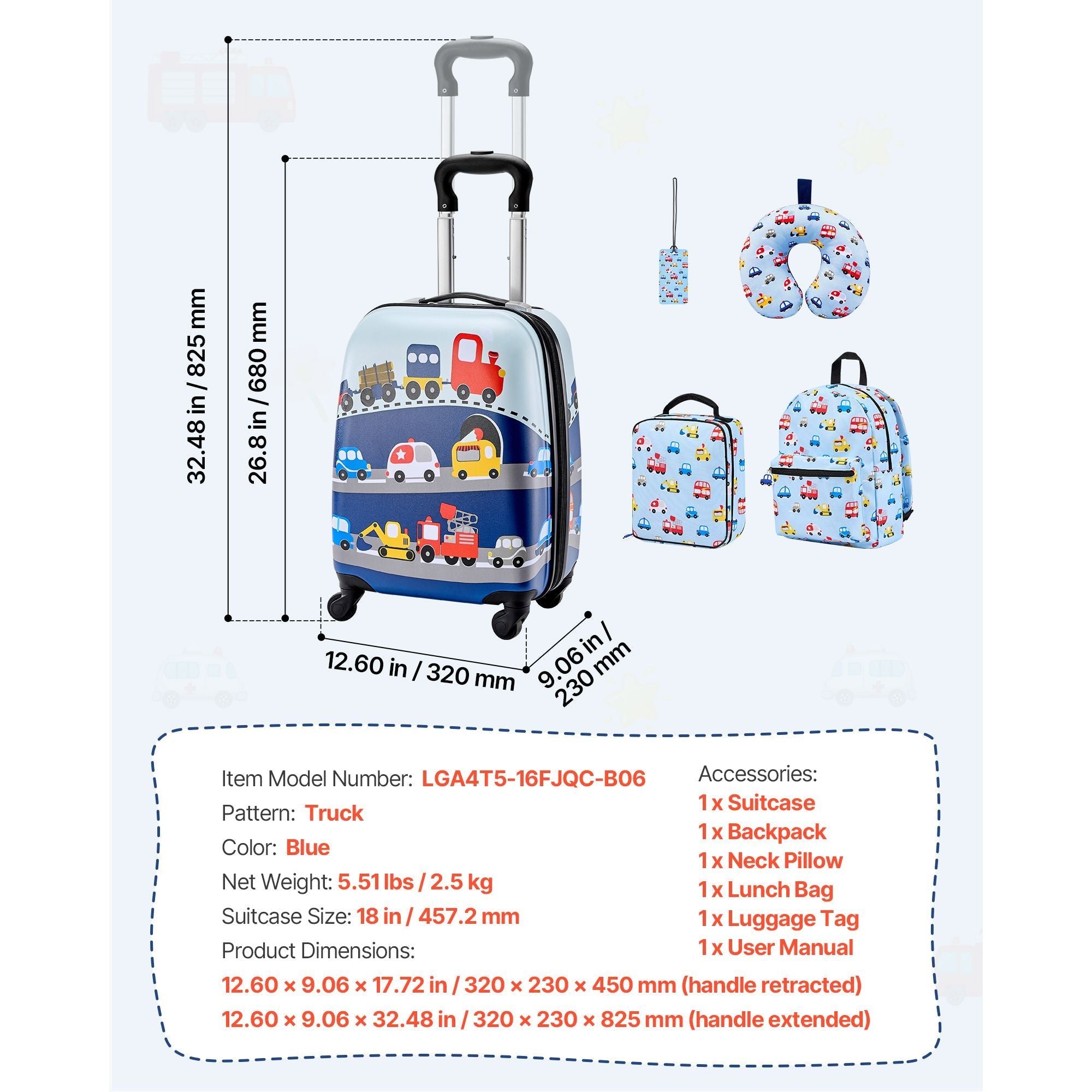 Kids Luggage Set, 5 Piece, 18 Inch Hardside Rolling Wheels Suitcase with Backpack & U-shape Pillow, Truck Kids Carry on Luggage Set, Holiday Birthday Gift for Girls Boys, Airline Approved